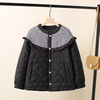 Ženska odjeća velikih veličina, zimska jakna dugih rukava, okrugli izrez, četvrtasti tartan s pohabanim rubom na ramenima, topli kaput