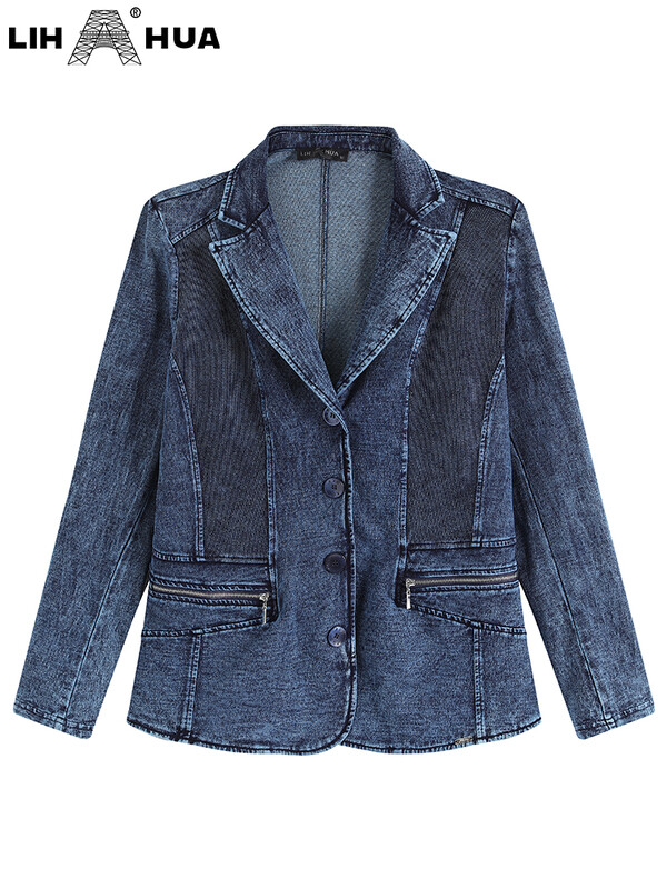 LIH HUA Žensko traper odijelo veće veličine Jesensko šik elegantno odijelo za bucmaste žene Pleteno pamučno odijelo