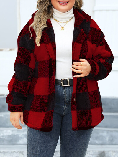 GIBSIE Zimski karirani kaput veće veličine Ženska nova jesenska jednoredna jakna s kapuljačom Ženska ležerna debela topla gornja odjeća dugih rukava