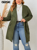 GIBSIE Jachetă de piele de căprioară cu centură în față, mărime mare, pentru femei, toamnă și iarnă, 2023, ocazional, buzunar cu fermoar, jachetă lungă și mijlocie pentru femei.