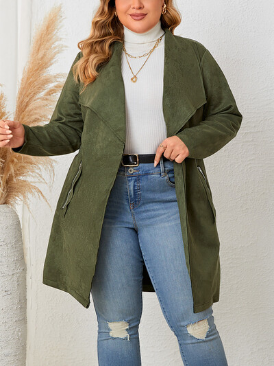 GIBSIE Jachetă de piele de căprioară cu centură în față, mărime mare, pentru femei, toamnă și iarnă, 2023, ocazional, buzunar cu fermoar, jachetă lungă și mijlocie pentru femei.