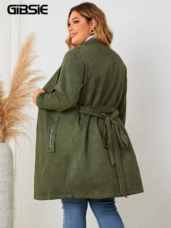 GIBSIE Jachetă de piele de căprioară cu centură în față, mărime mare, pentru femei, toamnă și iarnă, 2023, ocazional, buzunar cu fermoar, jachetă lungă și mijlocie pentru femei.