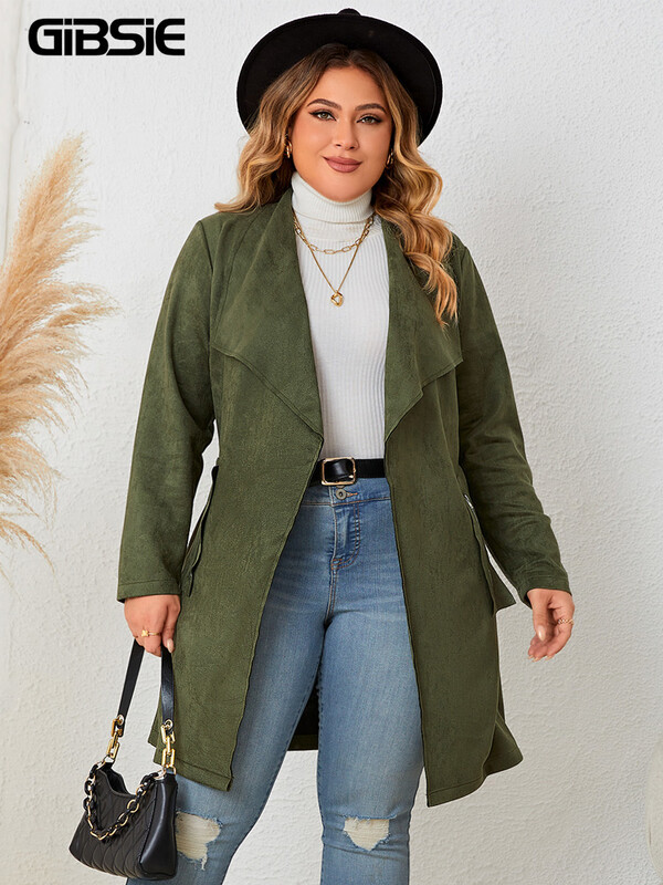 GIBSIE Jachetă de piele de căprioară cu centură în față, mărime mare, pentru femei, toamnă și iarnă, 2023, ocazional, buzunar cu fermoar, jachetă lungă și mijlocie pentru femei.