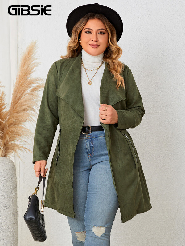 GIBSIE Jachetă de piele de căprioară cu centură în față, mărime mare, pentru femei, toamnă și iarnă, 2023, ocazional, buzunar cu fermoar, jachetă lungă și mijlocie pentru femei.