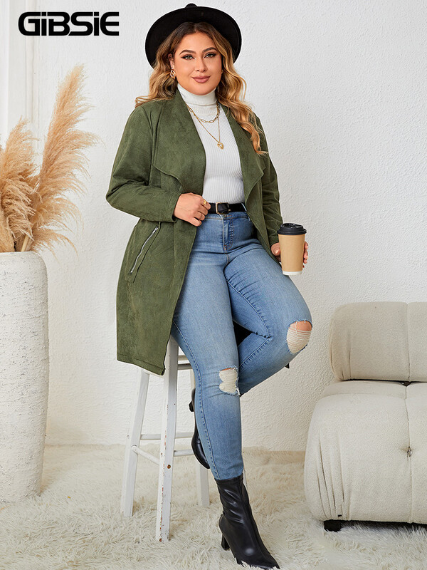 GIBSIE Jachetă de piele de căprioară cu centură în față, mărime mare, pentru femei, toamnă și iarnă, 2023, ocazional, buzunar cu fermoar, jachetă lungă și mijlocie pentru femei.