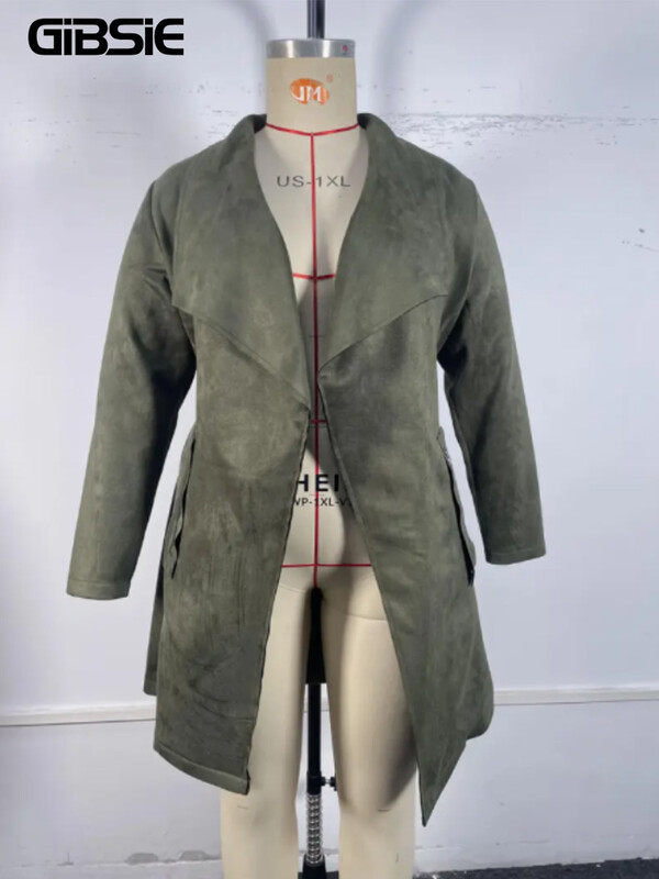 GIBSIE Jachetă de piele de căprioară cu centură în față, mărime mare, pentru femei, toamnă și iarnă, 2023, ocazional, buzunar cu fermoar, jachetă lungă și mijlocie pentru femei.