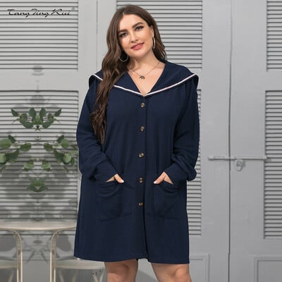 Jachetă cardigan pentru femei de dimensiuni mari, toamna 2023, modă, guler bleumarin, buzunar dublu, largi, culoare solidă, haină cu mâneci lungi, rochie casual