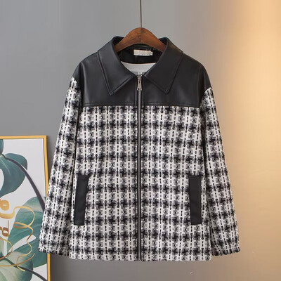 Ženska odjeća veće veličine Jesenska jakna dugih rukava Kardigan s patentnim zatvaračem od cvjetnog kariranog karira s kožnim šavovima na ramenima