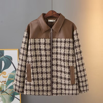 Ženska odjeća veće veličine Jesenska jakna dugih rukava Kardigan s patentnim zatvaračem od cvjetnog kariranog karira s kožnim šavovima na ramenima