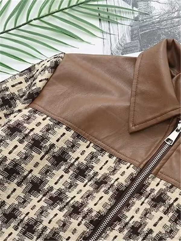 Ženska odjeća veće veličine Jesenska jakna dugih rukava Kardigan s patentnim zatvaračem od cvjetnog kariranog karira s kožnim šavovima na ramenima