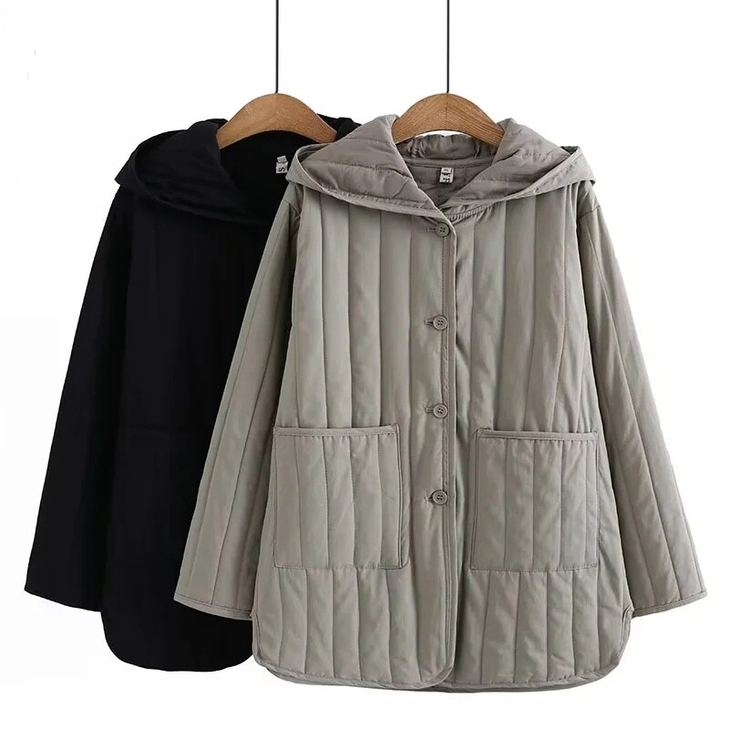 Puuvillase polsterdatud mantel naistele, suur, õhuke, lahtine, keskmine pikk, tepitud jope, vabaaja kapuutsiga, soe, sügisene, uus, 005