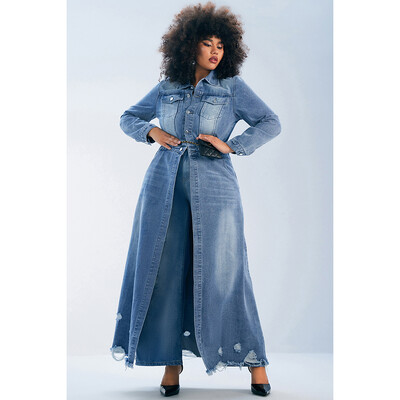 Palton lung de damă de dimensiuni plus mari, casual, albastru deschis, lung de toamnă și iarnă, guler de cămașă rupt, subțire, denim