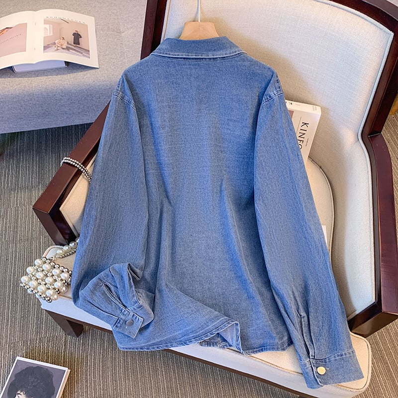 Ženski proljetni ležerni kaput od trapera s printom veće veličine Široki udobni plavi traper s preklopom