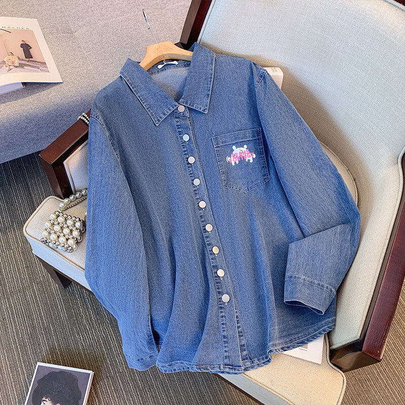 Ženski proljetni ležerni kaput od trapera s printom veće veličine Široki udobni plavi traper s preklopom