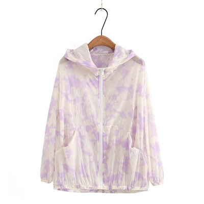 Дамско облекло с големи размери Слънцезащитно облекло Късо лятно яке с щампи с дълги ръкави и качулка XL-4XL Подходящо за пълни жени