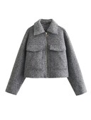 Ženska odjeća velikih veličina, proljetni i jesenski vuneni kaput s dugim rukavima na rever i patentnim zatvaračem, siva super kratka jakna, prsa 108-122 cm