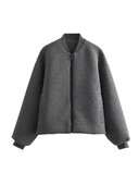 Плюс размер Дамско облекло Пролет Есен Сиво мотоциклетно яке с дълги ръкави и дълга яка, Просто изрязано яке Жилетка с цип