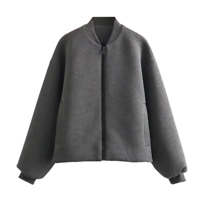 Плюс размер Дамско облекло Пролет Есен Сиво мотоциклетно яке с дълги ръкави и дълга яка, Просто изрязано яке Жилетка с цип