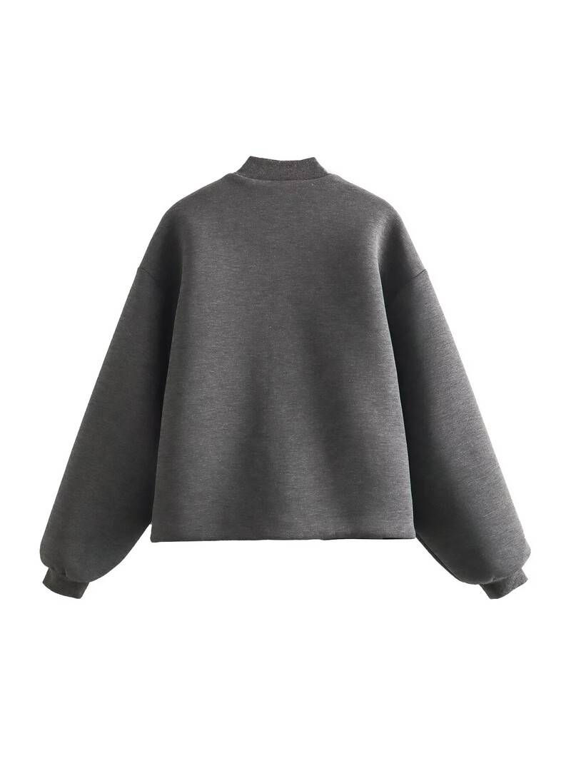 Плюс размер Дамско облекло Пролет Есен Сиво мотоциклетно яке с дълги ръкави и дълга яка, Просто изрязано яке Жилетка с цип