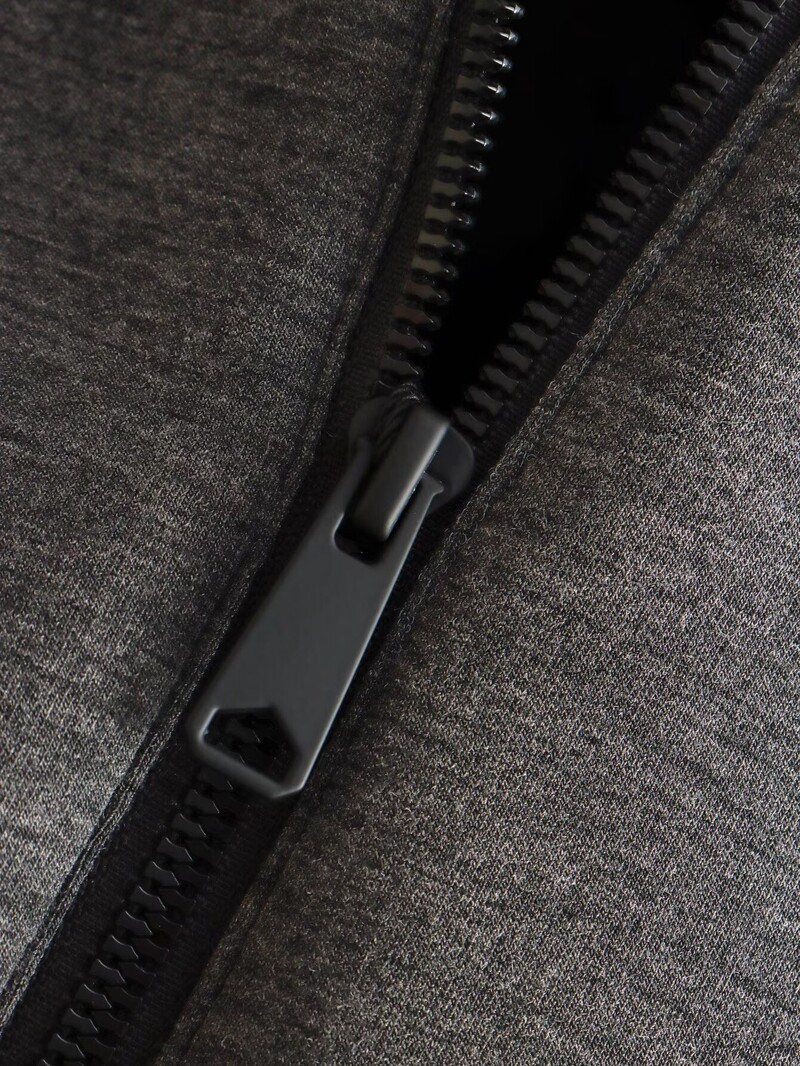 Плюс размер Дамско облекло Пролет Есен Сиво мотоциклетно яке с дълги ръкави и дълга яка, Просто изрязано яке Жилетка с цип