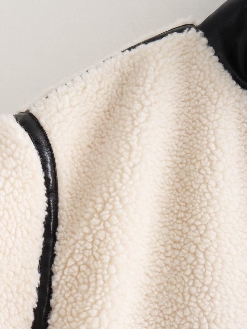 Plišana jakna veće veličine Ženska odjeća Jesen Zima Samostojeći ovratnik Topla jakna s crnim kožnim patchwork ukrasom