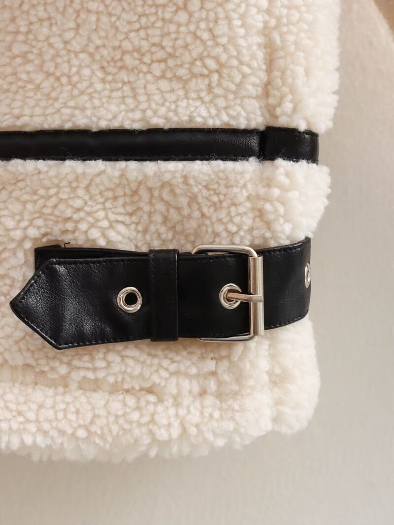 Plišana jakna veće veličine Ženska odjeća Jesen Zima Samostojeći ovratnik Topla jakna s crnim kožnim patchwork ukrasom