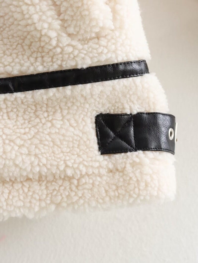 Plišana jakna veće veličine Ženska odjeća Jesen Zima Samostojeći ovratnik Topla jakna s crnim kožnim patchwork ukrasom