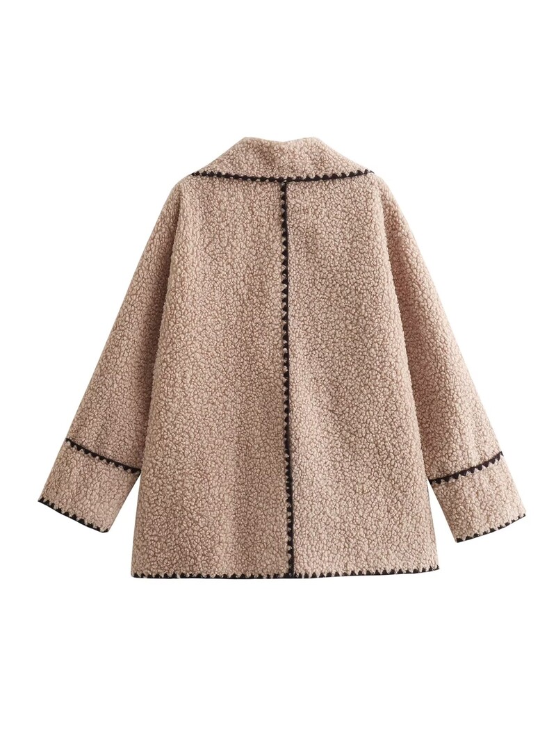 Ženska odjeća velikih veličina Vuneni kaput Kovrčavi plišani modni kardigan dugih rukava s crnim potezima na džepovima i odjeći