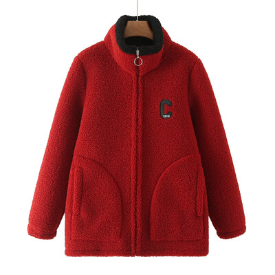 2022 Зимно дамско палто с големи размери Ежедневно модно яке с надпис с букви Стойка яка Кадифе Топло яке от поларен флис Извити дрехи