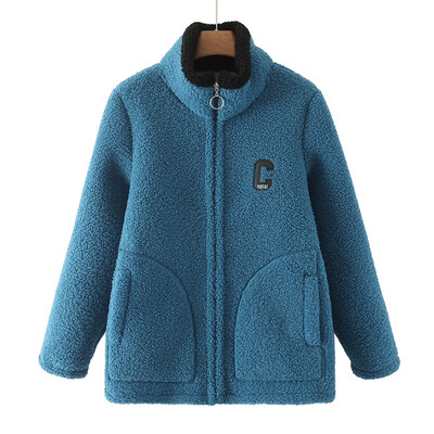 2022 Зимно дамско палто с големи размери Ежедневно модно яке с надпис с букви Стойка яка Кадифе Топло яке от поларен флис Извити дрехи