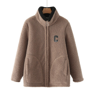 2022 Зимно дамско палто с големи размери Ежедневно модно яке с надпис с букви Стойка яка Кадифе Топло яке от поларен флис Извити дрехи