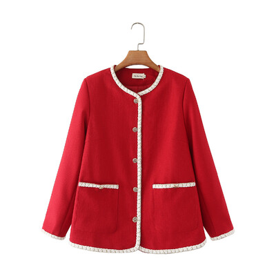 Jesen 2022. Kaput veće veličine Ženska odjeća Chic Jakna s jednorednim kopčanjem s O-izrezom Modna lanena gornja odjeća dugih rukava od zlatnog konca