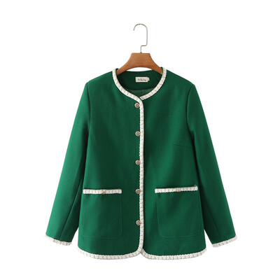 Jesen 2022. Kaput veće veličine Ženska odjeća Chic Jakna s jednorednim kopčanjem s O-izrezom Modna lanena gornja odjeća dugih rukava od zlatnog konca