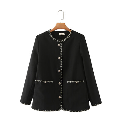 Jesen 2022. Kaput veće veličine Ženska odjeća Chic Jakna s jednorednim kopčanjem s O-izrezom Modna lanena gornja odjeća dugih rukava od zlatnog konca