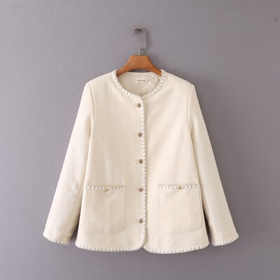 Jesen 2022. Kaput veće veličine Ženska odjeća Chic Jakna s jednorednim kopčanjem s O-izrezom Modna lanena gornja odjeća dugih rukava od zlatnog konca