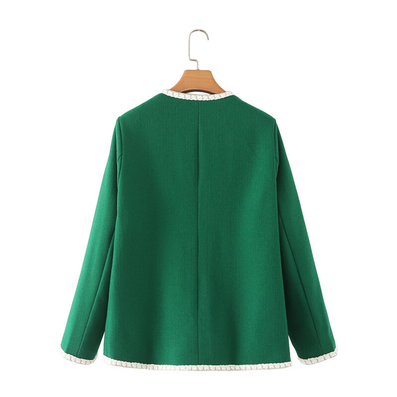 Jesen 2022. Kaput veće veličine Ženska odjeća Chic Jakna s jednorednim kopčanjem s O-izrezom Modna lanena gornja odjeća dugih rukava od zlatnog konca