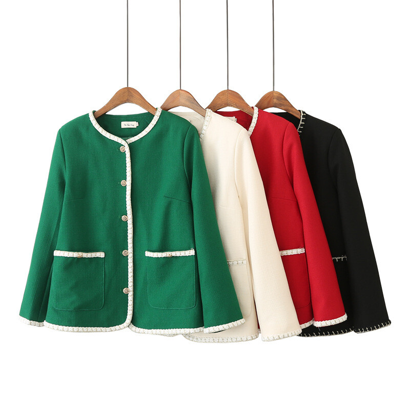 Jesen 2022. Kaput veće veličine Ženska odjeća Chic Jakna s jednorednim kopčanjem s O-izrezom Modna lanena gornja odjeća dugih rukava od zlatnog konca