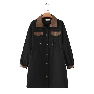 Jesen 2022. Trenč kaput veće veličine Ženska odjeća LASOBNA Vjetrovka s kožnim ovratnikom kontrastne boje Ležerna duga odjeća