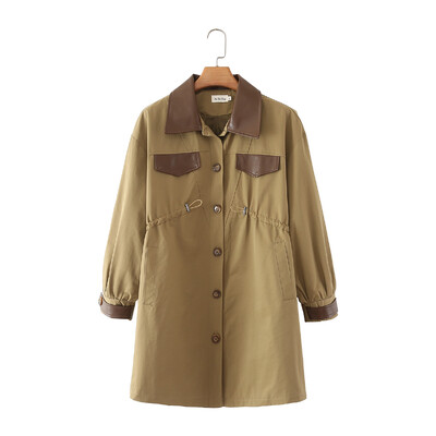 Jesen 2022. Trenč kaput veće veličine Ženska odjeća LASOBNA Vjetrovka s kožnim ovratnikom kontrastne boje Ležerna duga odjeća