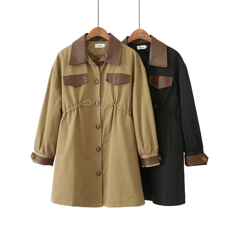 Jesen 2022. Trenč kaput veće veličine Ženska odjeća LASOBNA Vjetrovka s kožnim ovratnikom kontrastne boje Ležerna duga odjeća