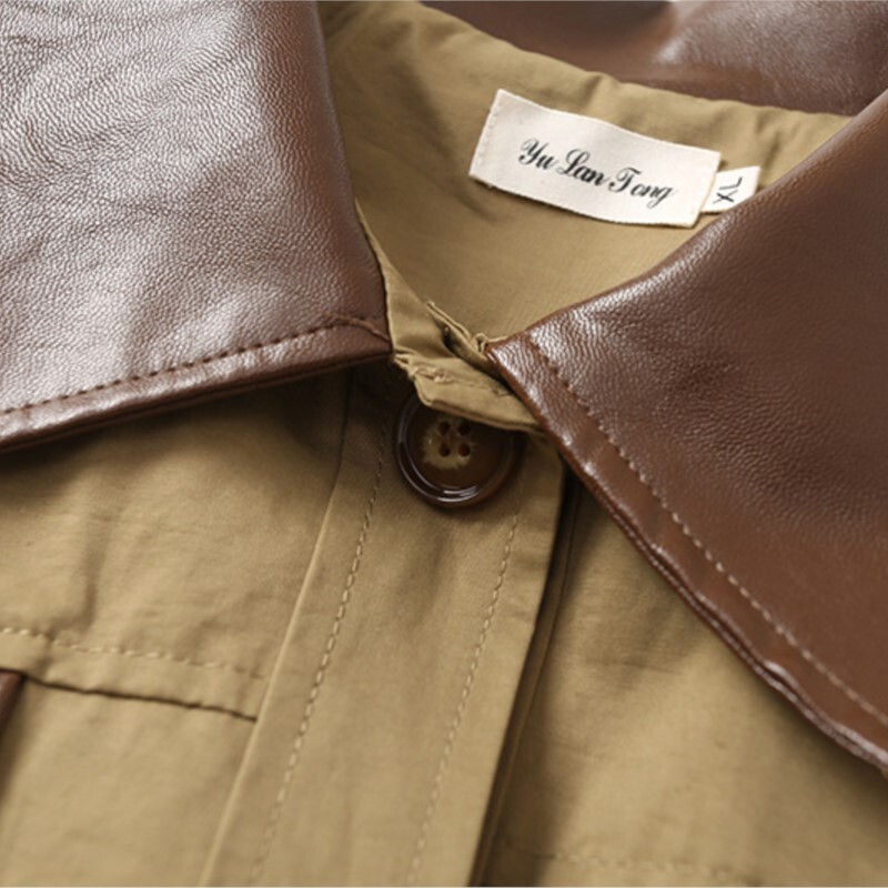 Jesen 2022. Trenč kaput veće veličine Ženska odjeća LASOBNA Vjetrovka s kožnim ovratnikom kontrastne boje Ležerna duga odjeća