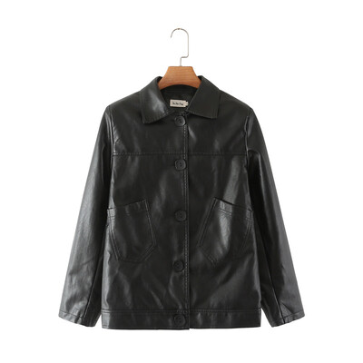 PU kožna jakna velike veličine Jesen Zima Ženska odjeća Širok kroj Kaput s dva džepa i velikim gumbima VINTAGE ležerna jednobojna vanjska odjeća