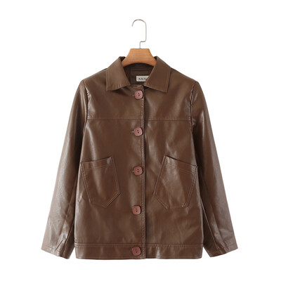 PU kožna jakna velike veličine Jesen Zima Ženska odjeća Širok kroj Kaput s dva džepa i velikim gumbima VINTAGE ležerna jednobojna vanjska odjeća