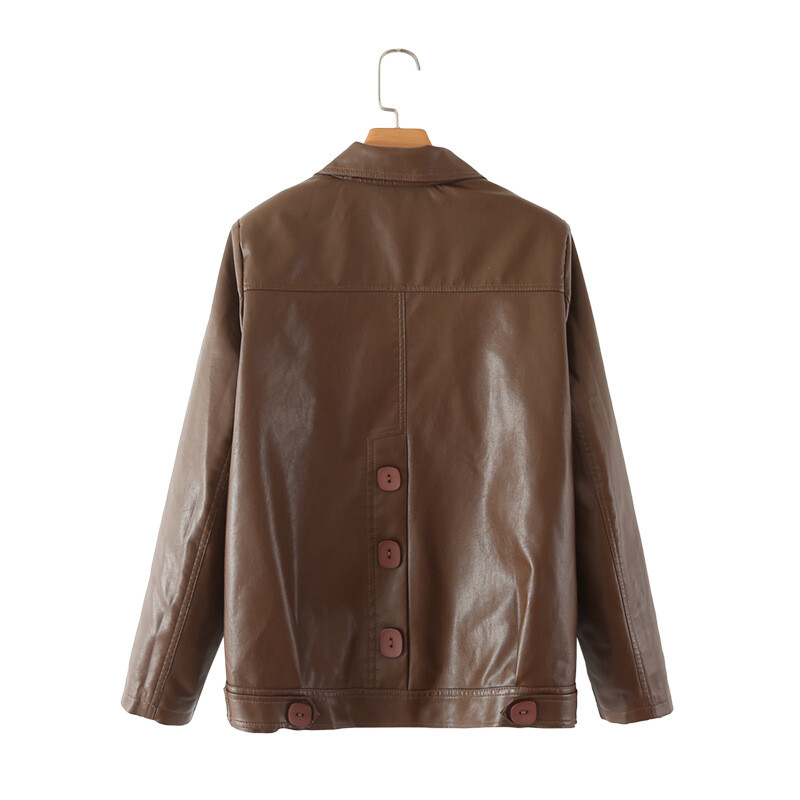 PU kožna jakna velike veličine Jesen Zima Ženska odjeća Širok kroj Kaput s dva džepa i velikim gumbima VINTAGE ležerna jednobojna vanjska odjeća