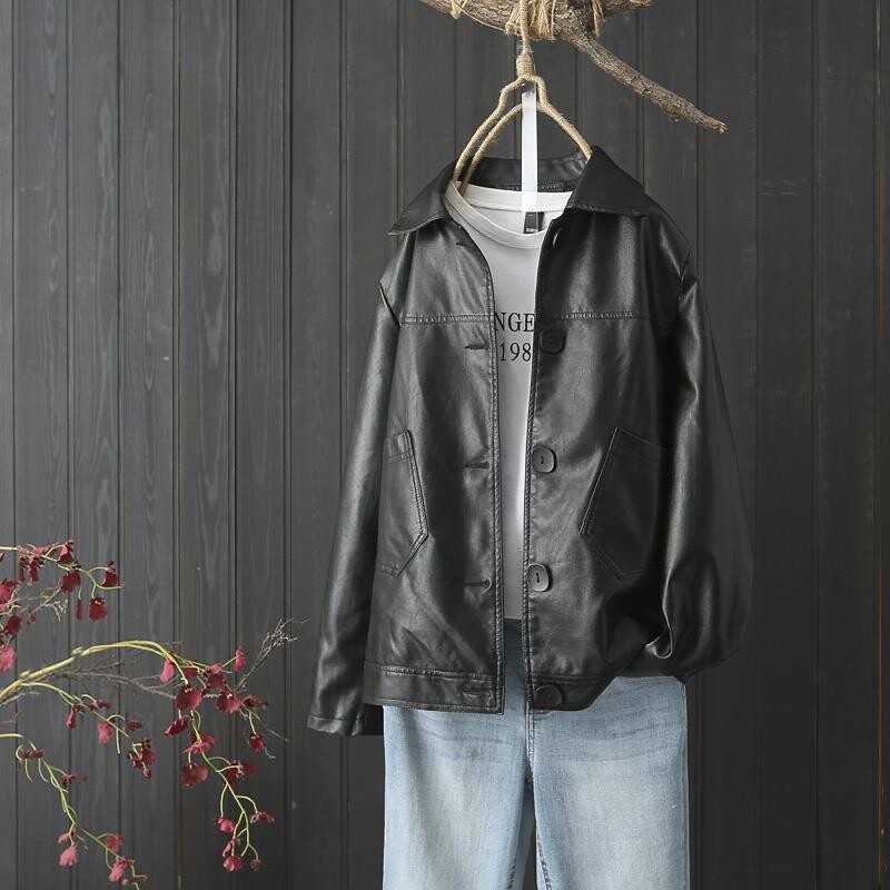 PU kožna jakna velike veličine Jesen Zima Ženska odjeća Širok kroj Kaput s dva džepa i velikim gumbima VINTAGE ležerna jednobojna vanjska odjeća