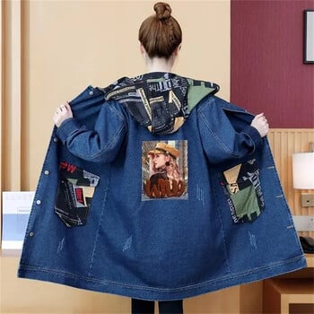 Lady Medium Long Styles Jeans Jacket Κορεάτικα γυναικεία ρούχα εργασίας Cowboy Windbreaker Άνοιξη Φθινόπωρο Γυναικεία Μεγάλο Μέγεθος 5XL Τζιν Παλτό