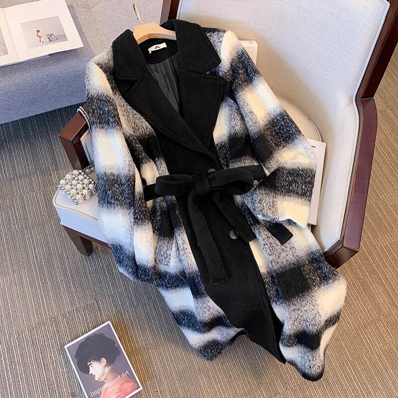 Suures suuruses naiste talvine paks soe pikk villane mantel polüester must-valge ruuduline moemantel suur tasku topelt rinnaga