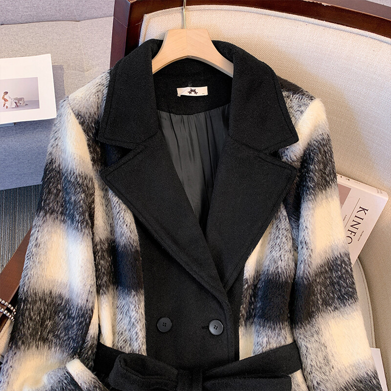 Suures suuruses naiste talvine paks soe pikk villane mantel polüester must-valge ruuduline moemantel suur tasku topelt rinnaga