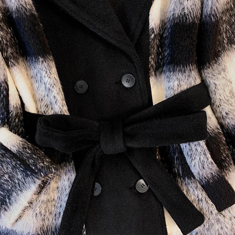 Suures suuruses naiste talvine paks soe pikk villane mantel polüester must-valge ruuduline moemantel suur tasku topelt rinnaga