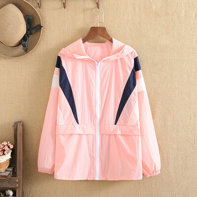 Μεγάλο μέγεθος Γυναικεία Ρούχα Λεπτό Αναπνεύσιμο Ύφασμα Χρώμα Γεωμετρικό σχέδιο Φερμουάρ ραφής Μεγάλο Μέγεθος Λεπτό Μπουφάν με κουκούλα Καλοκαίρι